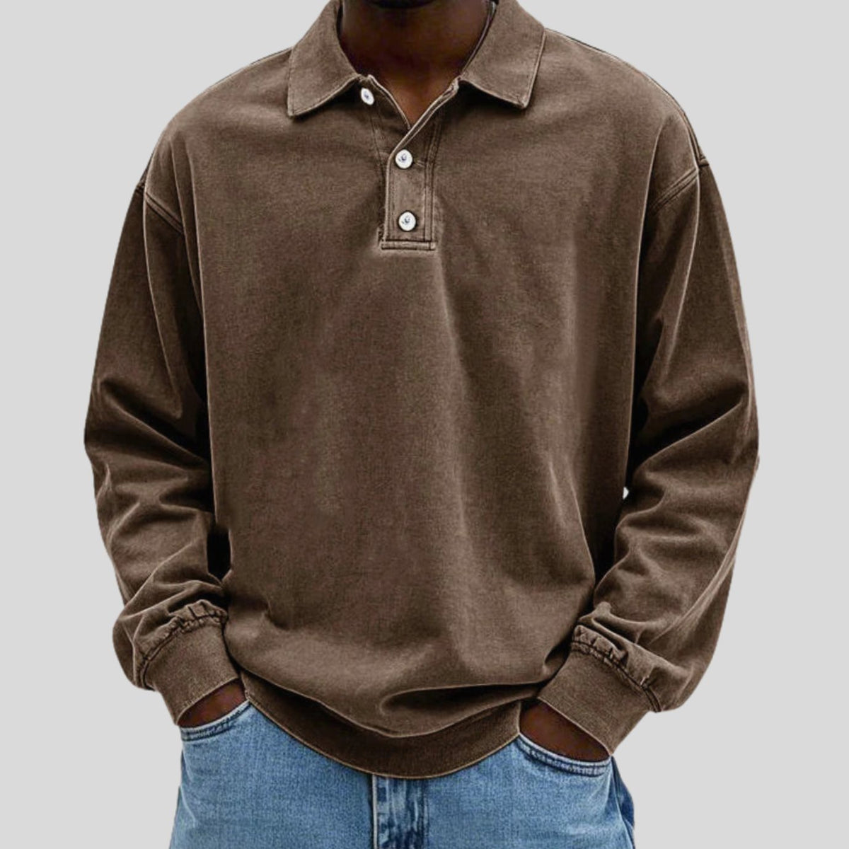 Men's Vintage Long Sleeve Polo Shirt Relaxed-Fit Button Collar - Brown