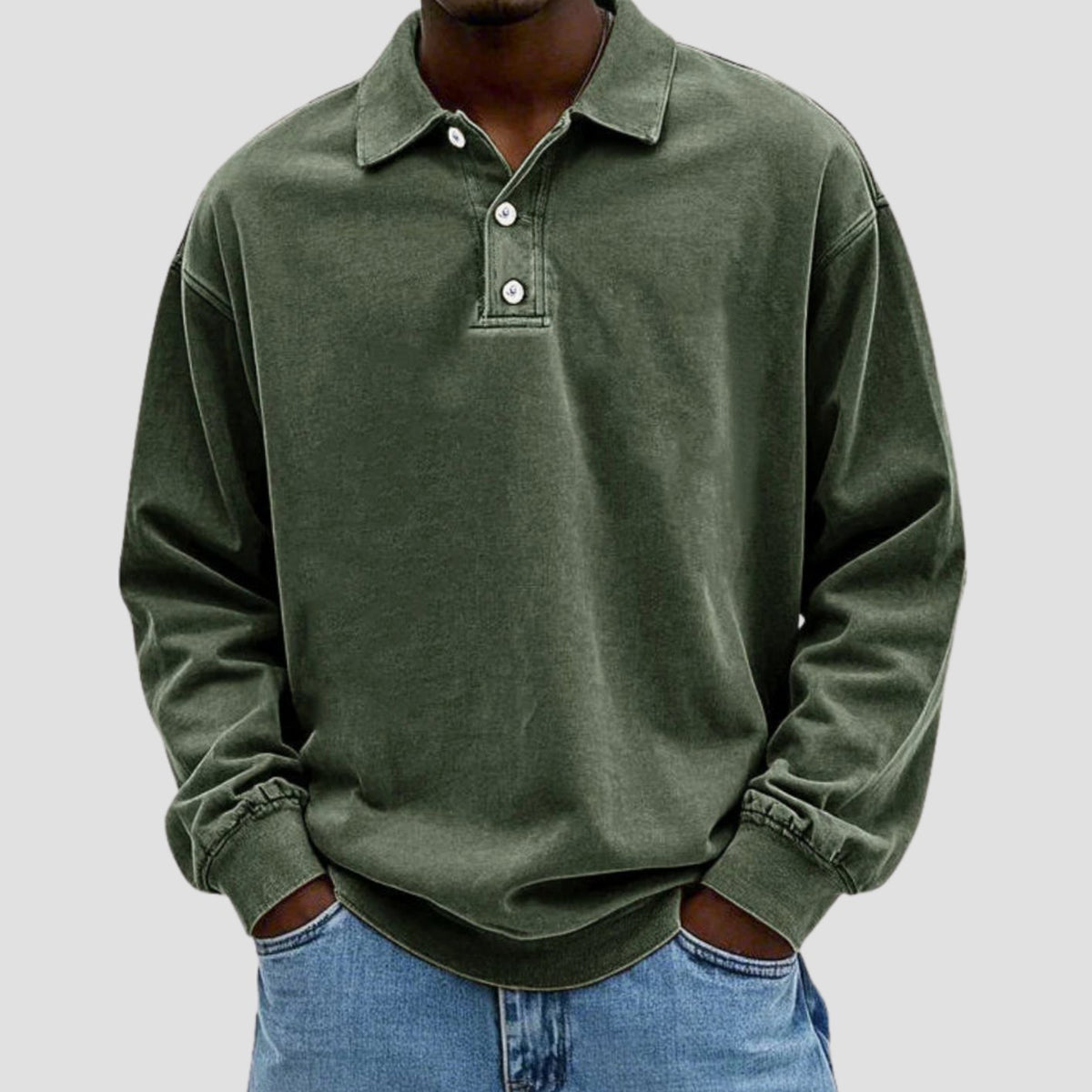 Men's Vintage Long Sleeve Polo Shirt Relaxed-Fit Button Collar - Army Green