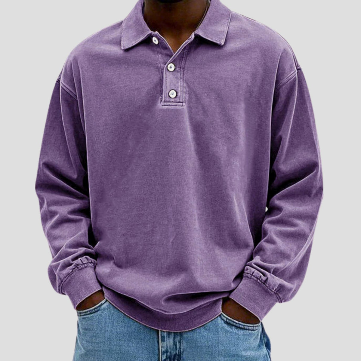 Men's Vintage Long Sleeve Polo Shirt Relaxed-Fit Button Collar - Purple