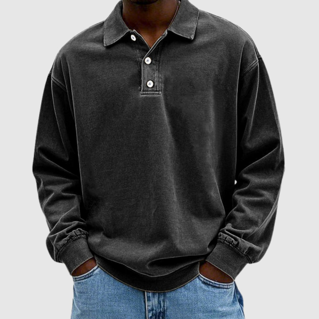 Men's Vintage Long Sleeve Polo Shirt Relaxed-Fit Button Collar - Black