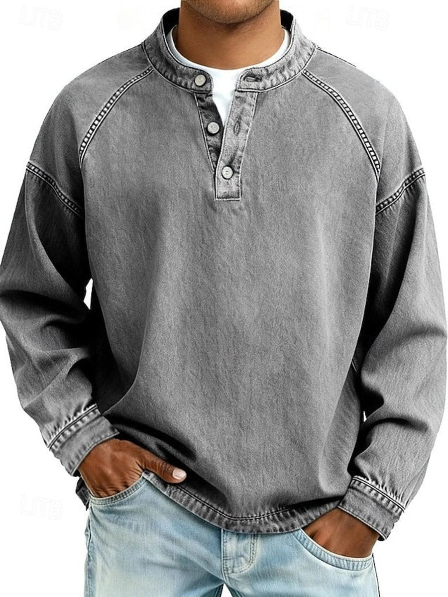 Men's Vintage Washed Henley Long Sleeve Knit Sweater - Gray