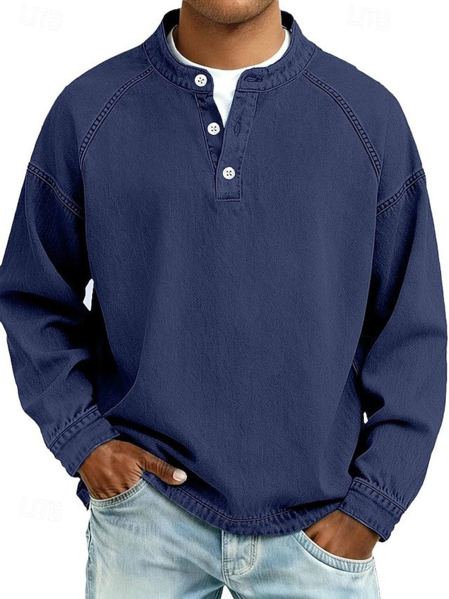 Men's Vintage Washed Henley Long Sleeve Knit Sweater - Royal Blue