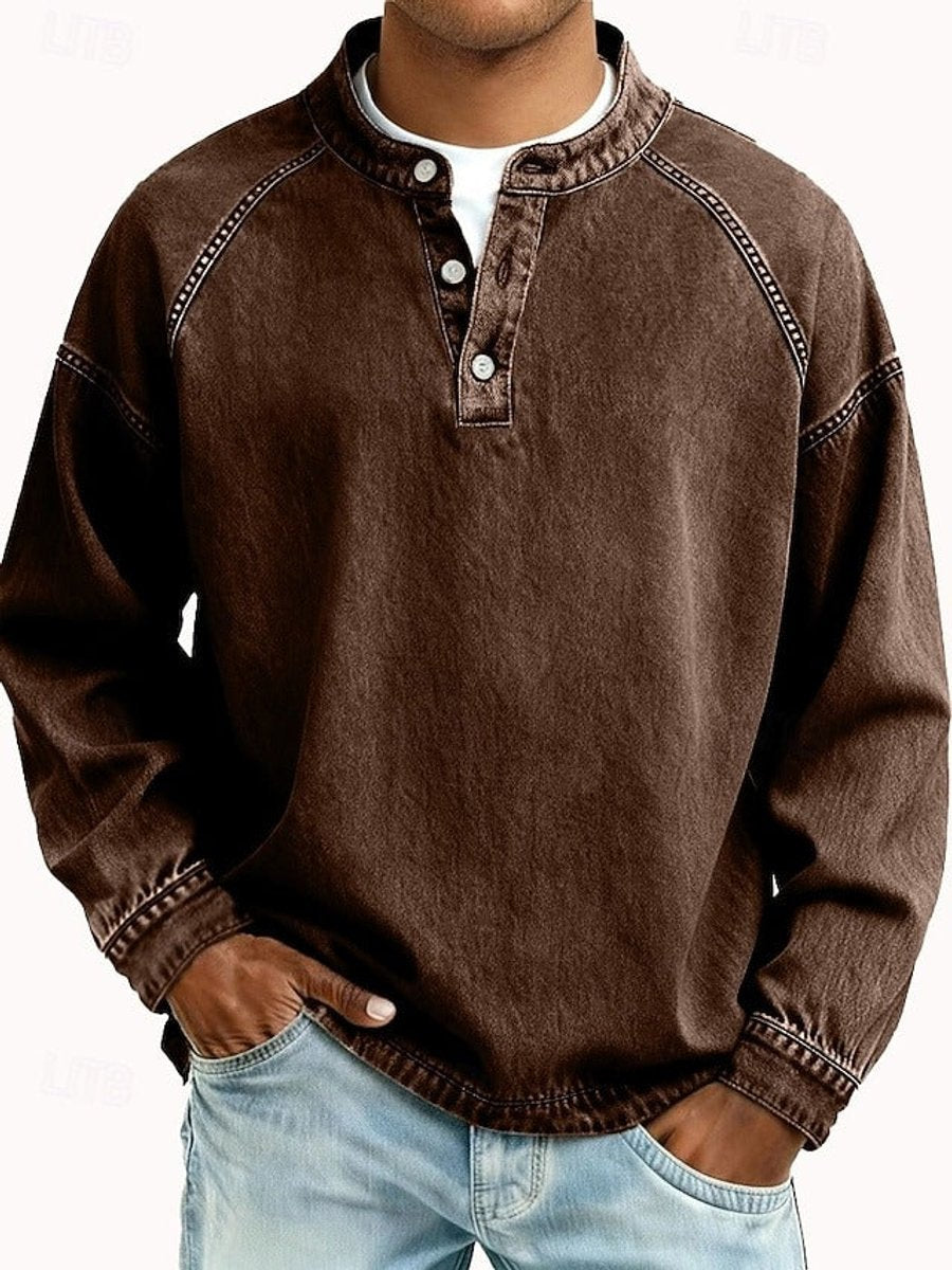 Men's Vintage Washed Henley Long Sleeve Knit Sweater - Brown