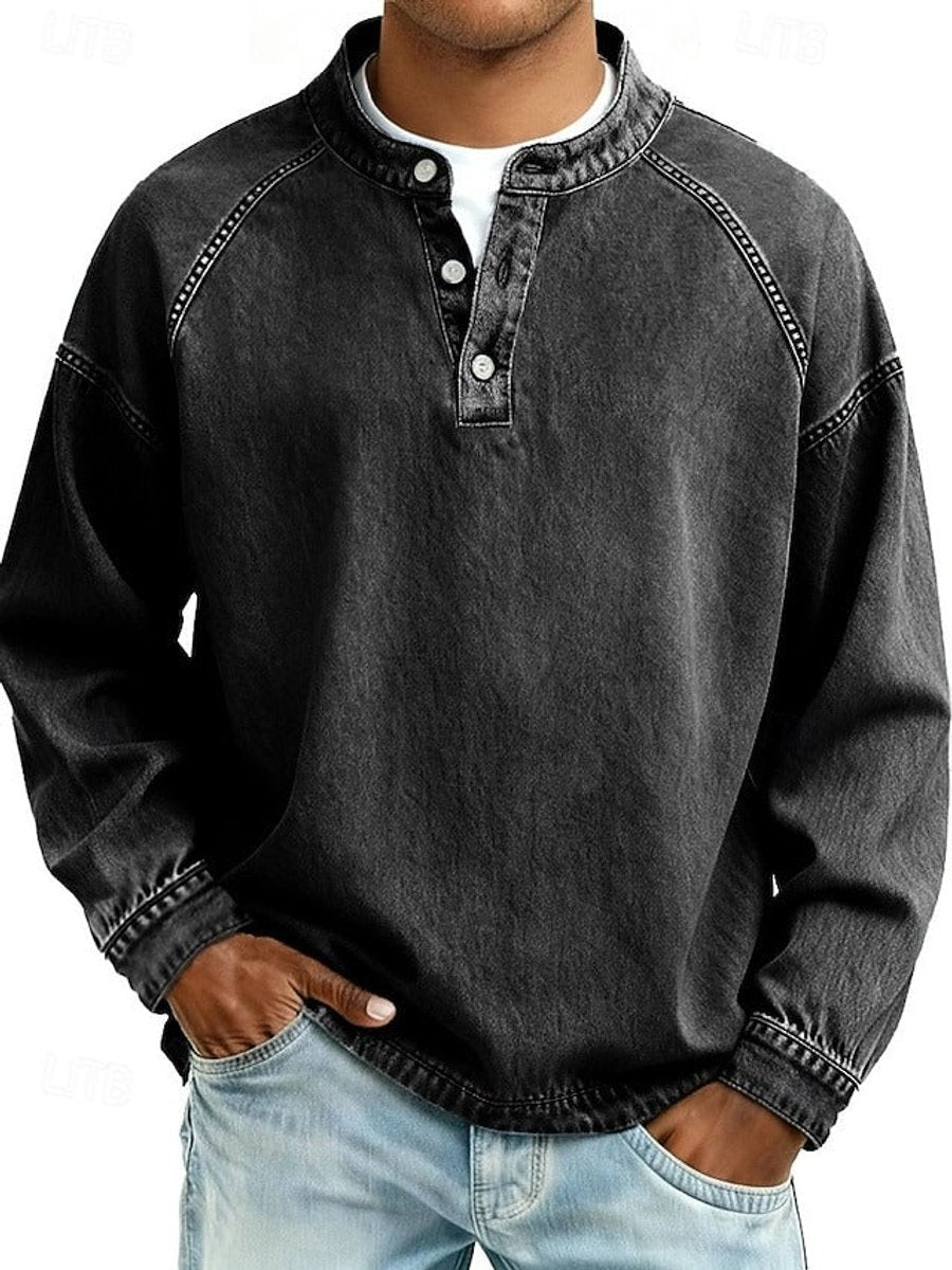 Men's Vintage-Washed Henley Raglan Pullover Sweatshirt - Black