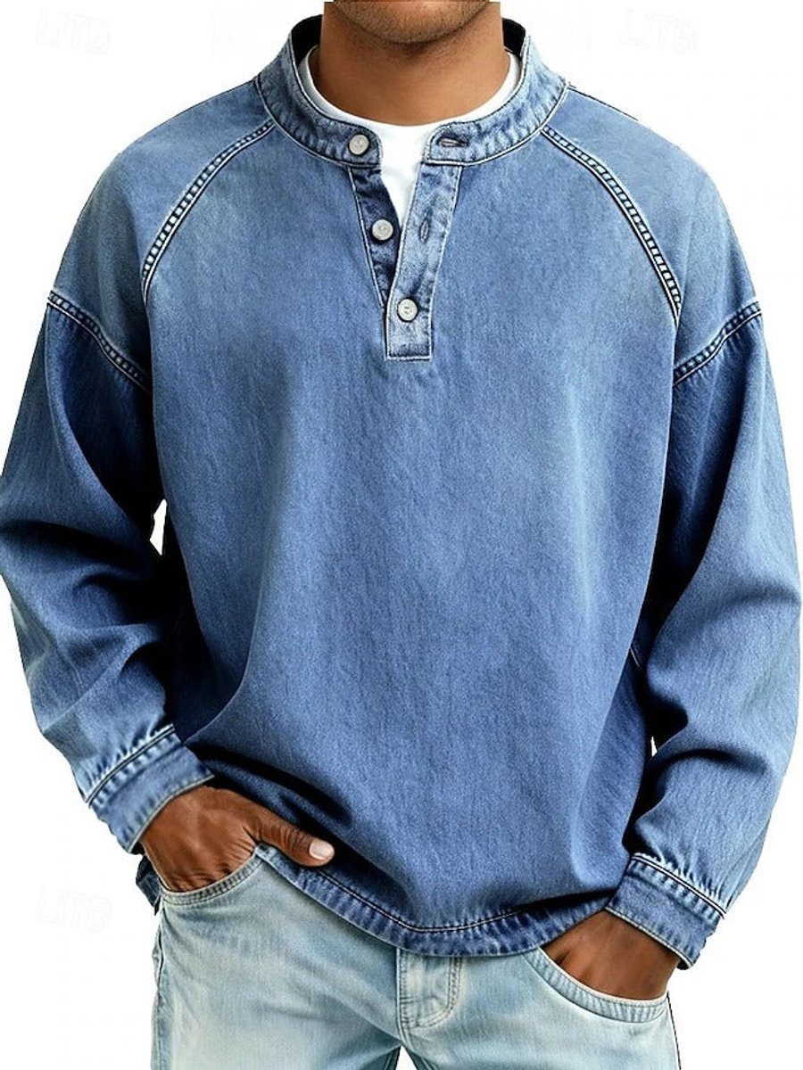Men's Vintage-Washed Henley Raglan Pullover Sweatshirt - Light Blue