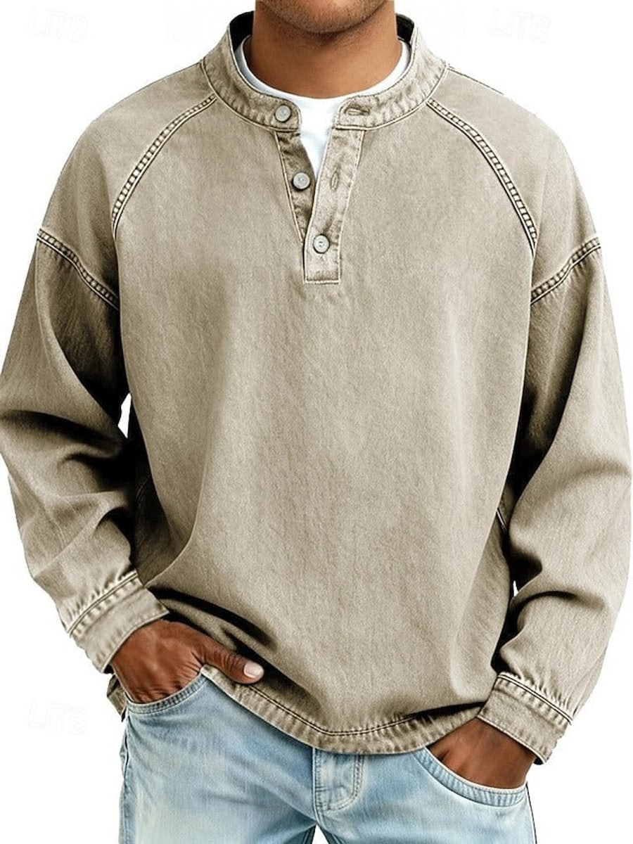 Men's Vintage-Washed Henley Raglan Pullover Sweatshirt - Khaki
