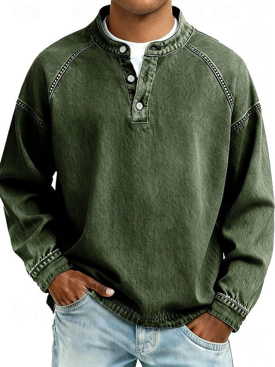 Men's Vintage-Washed Henley Raglan Pullover Sweatshirt - Dark Green