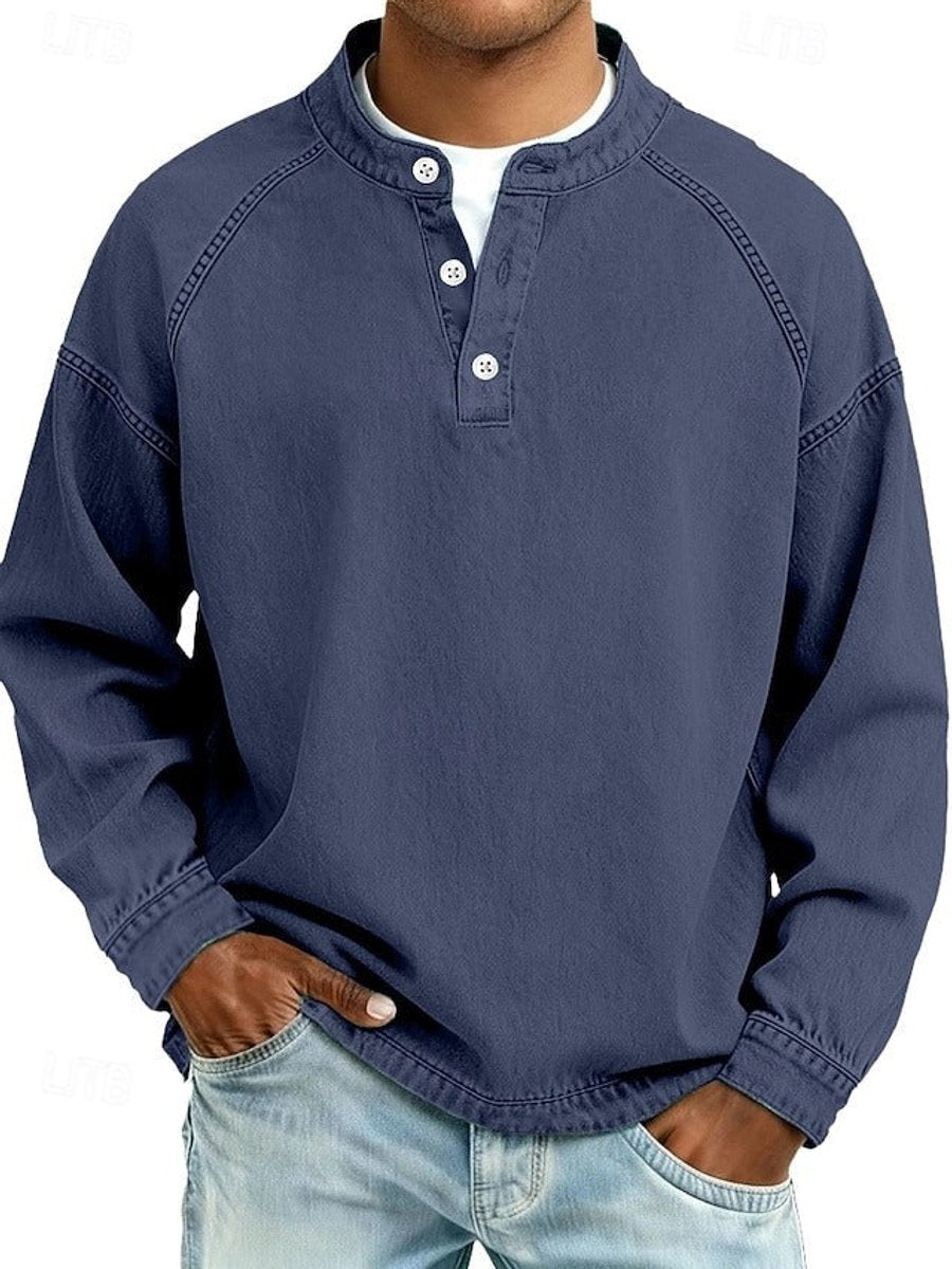 Men's Vintage-Washed Henley Raglan Pullover Sweatshirt - Dark Blue