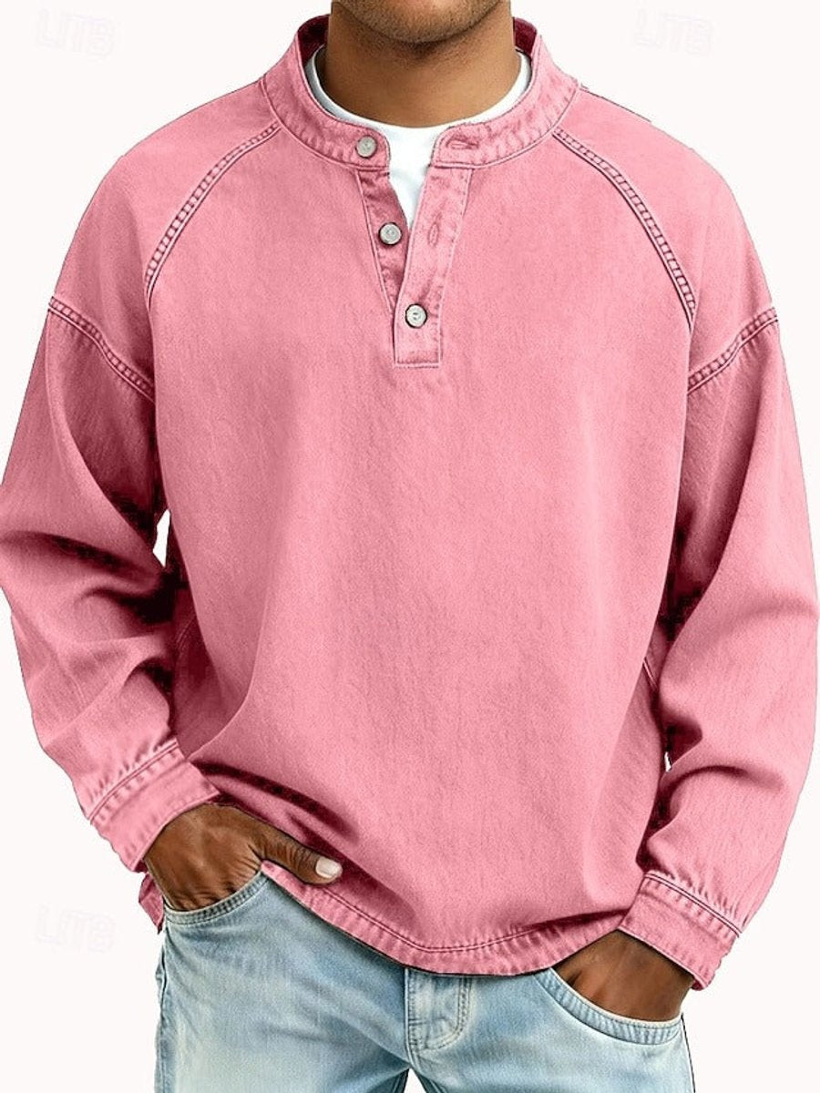 Men's Vintage-Washed Henley Raglan Pullover Sweatshirt - Pink