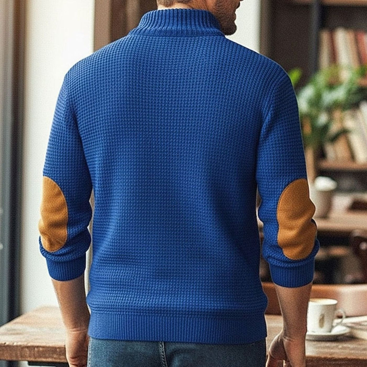Men's Waffle-Knit Button-Neck Long Sleeve Pullover Sweater