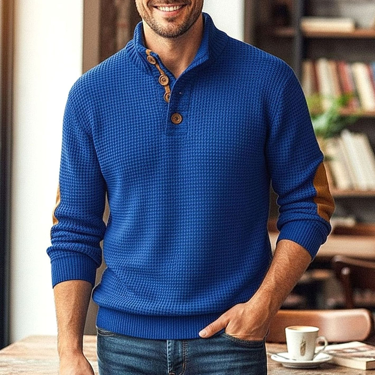 Men's Waffle-Knit Button-Neck Long Sleeve Pullover Sweater - Royal Blue