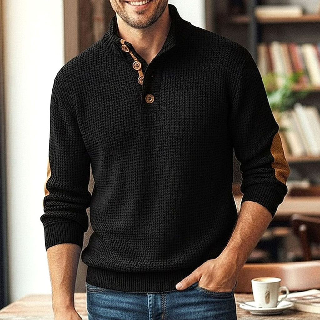 Men's Waffle-Knit Button-Neck Long Sleeve Pullover Sweater - Black