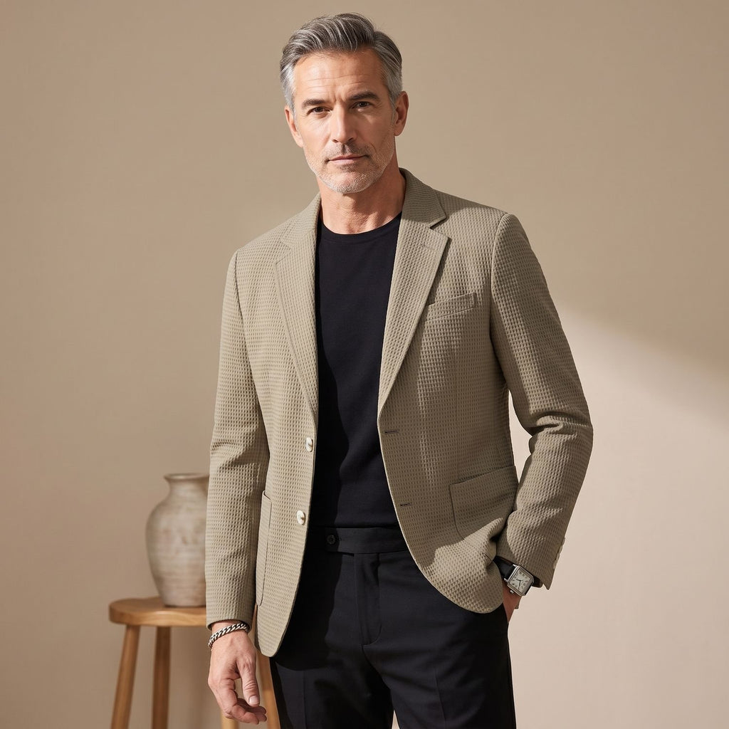 Men's Waffle-Knit Slim Lapel Stretch Blazer Jacket - Beige