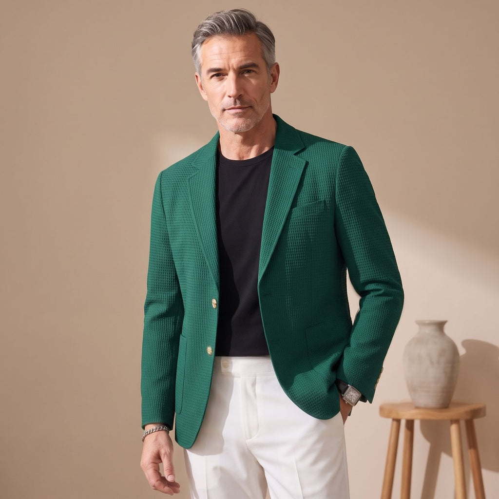 Men's Waffle-Knit Slim Lapel Stretch Blazer Jacket - Green