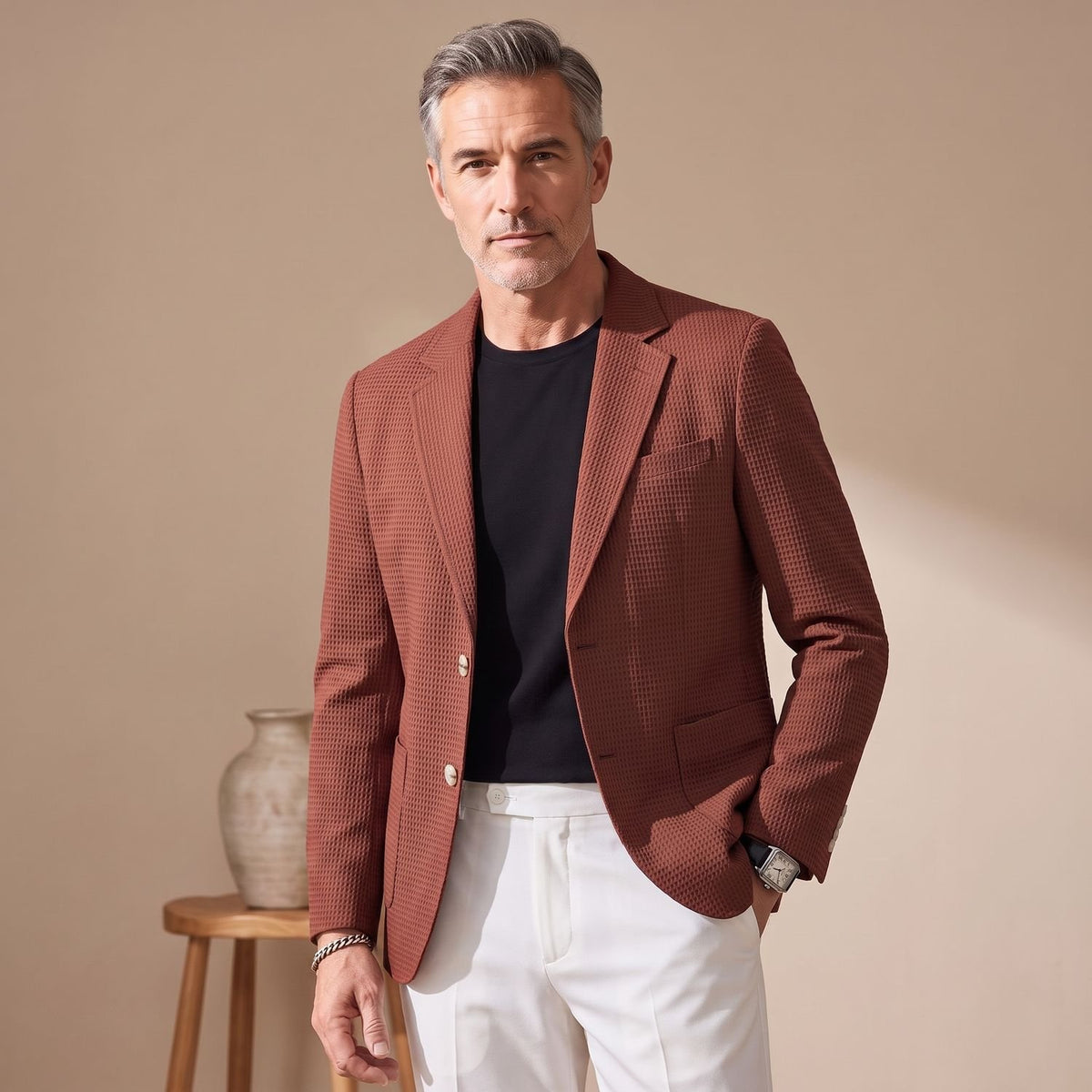 Men's Waffle-Knit Slim Lapel Stretch Blazer Jacket - Red