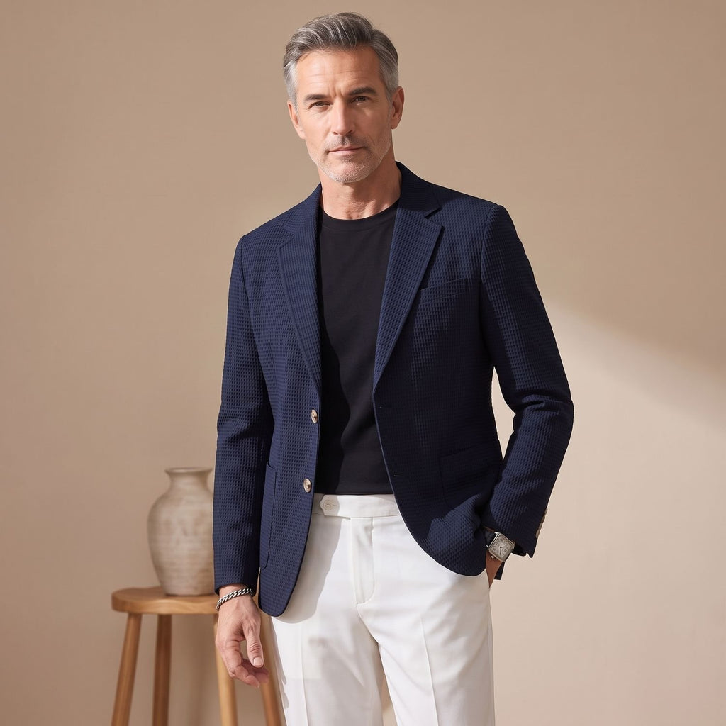 Men's Waffle-Knit Slim Lapel Stretch Blazer Jacket - Navy Blue