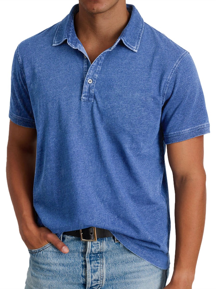 Men's Washed Cotton Short-Sleeve Collared Polo Shirt - Blue