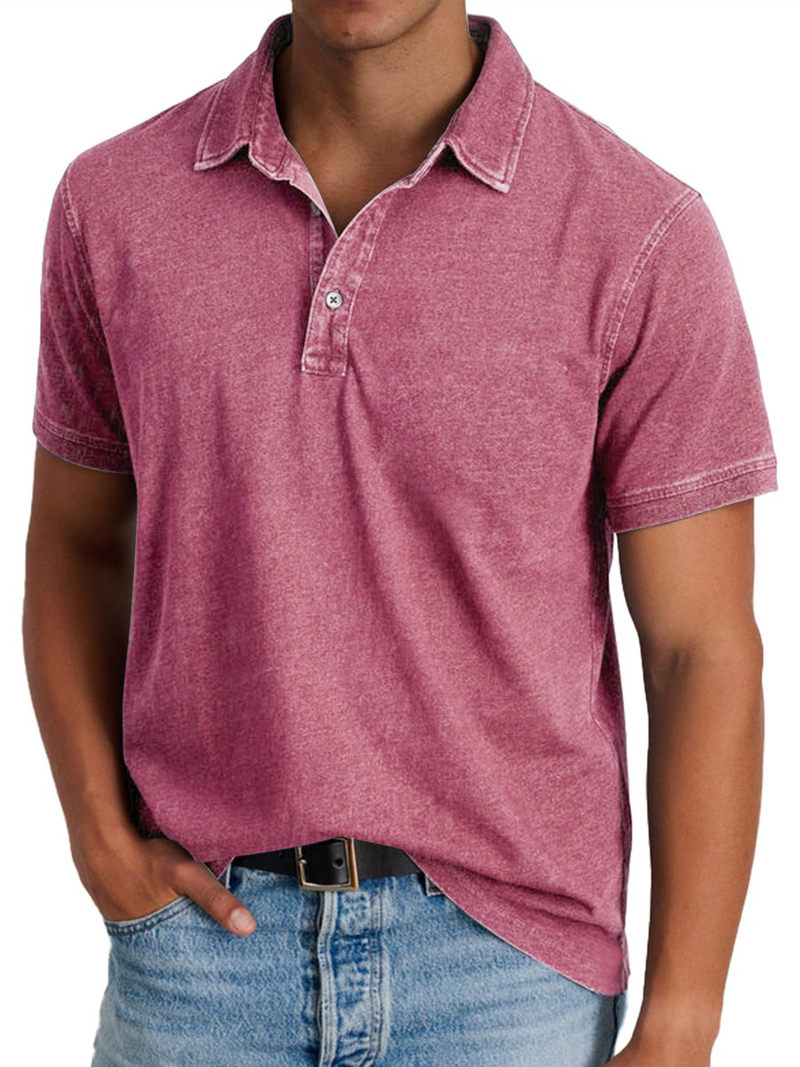 Men's Washed Cotton Short-Sleeve Collared Polo Shirt - Pink