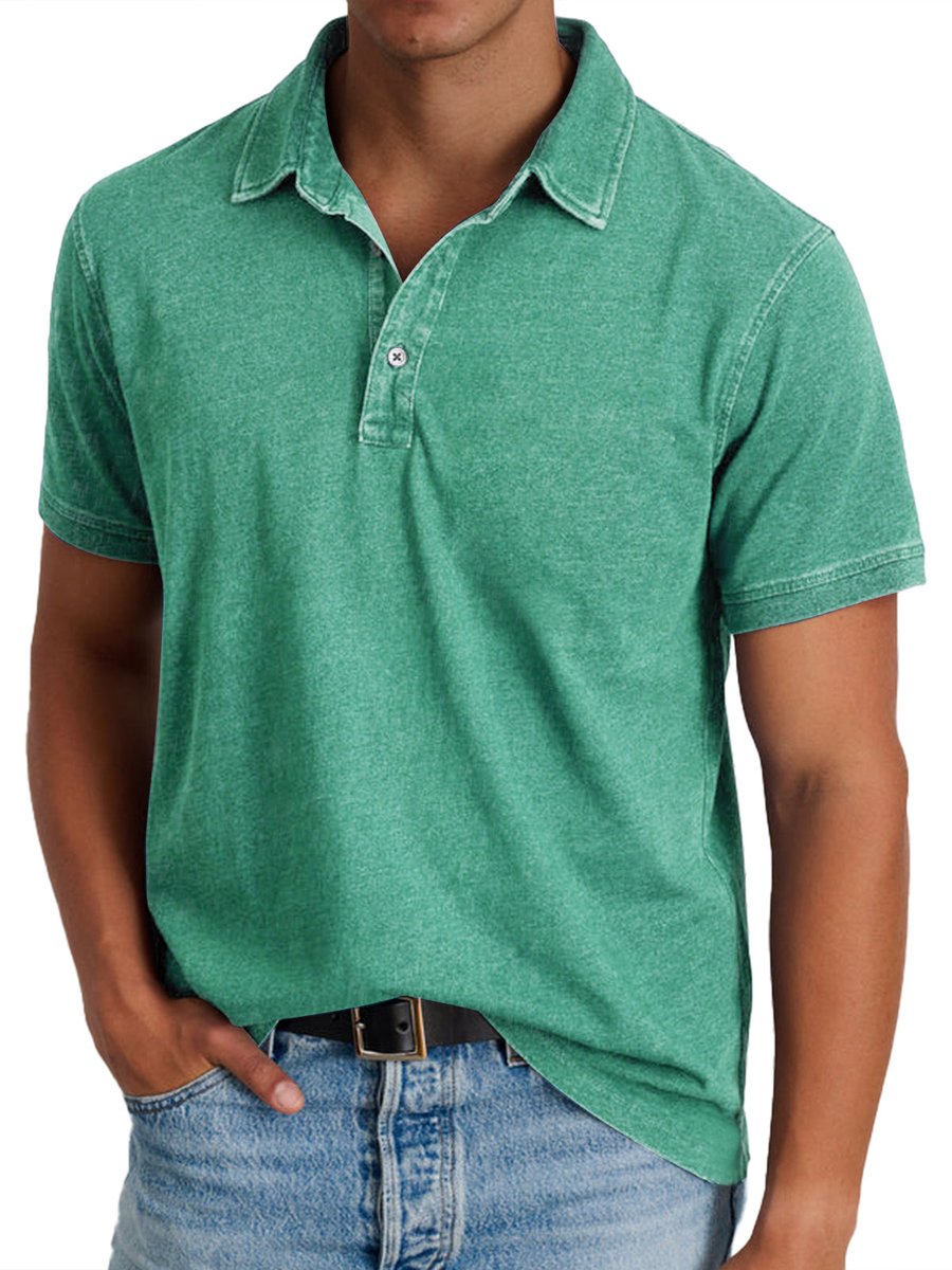 Men's Washed Cotton Short-Sleeve Collared Polo Shirt - Green