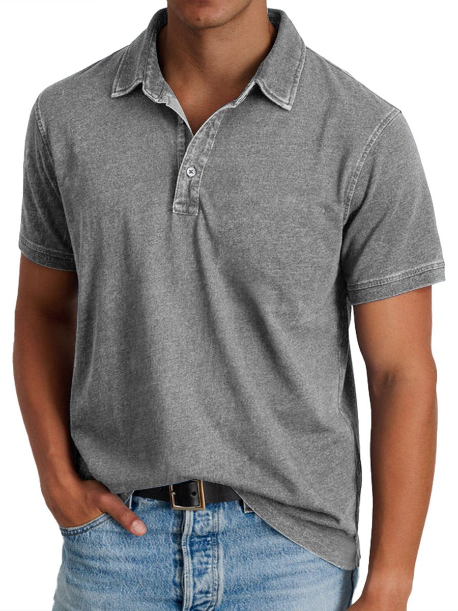 Men's Washed Cotton Short-Sleeve Collared Polo Shirt - Gray