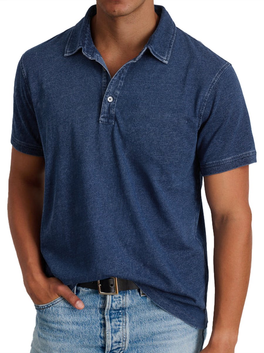 Men's Washed Cotton Short-Sleeve Collared Polo Shirt - Navy Blue