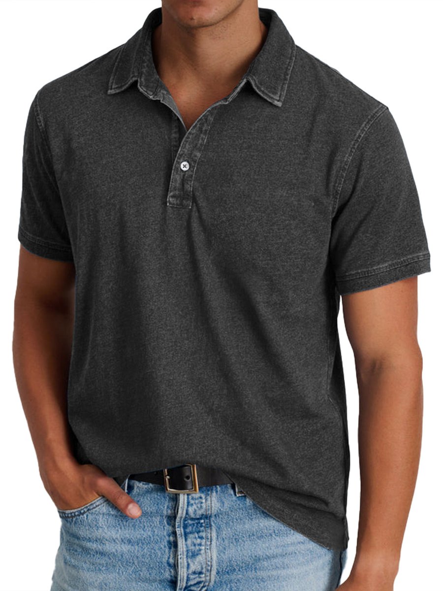 Men's Washed Cotton Short-Sleeve Collared Polo Shirt - Black