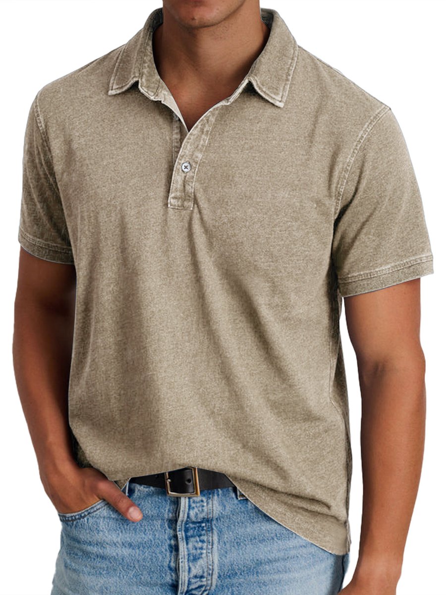 Men's Washed Cotton Short-Sleeve Collared Polo Shirt - Khaki