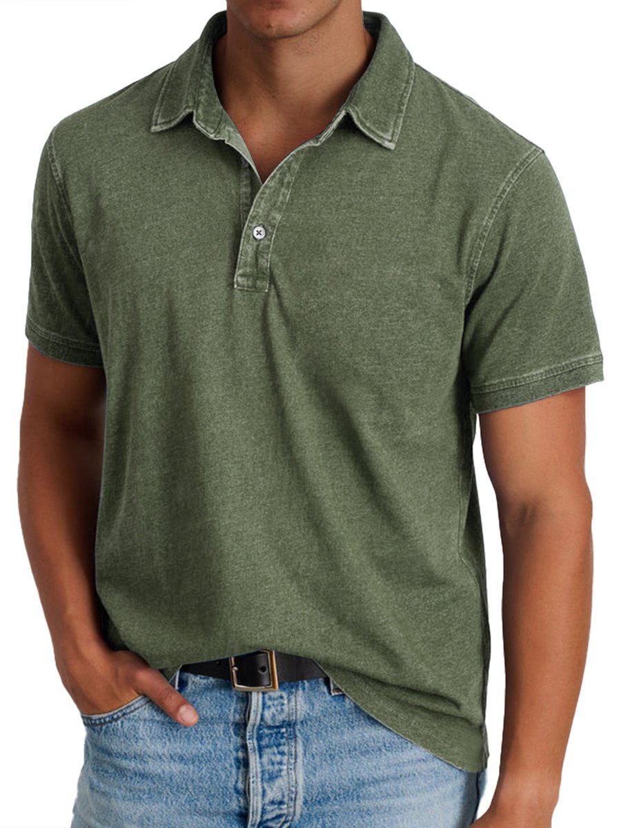Men's Washed Cotton Short-Sleeve Collared Polo Shirt - Army Green