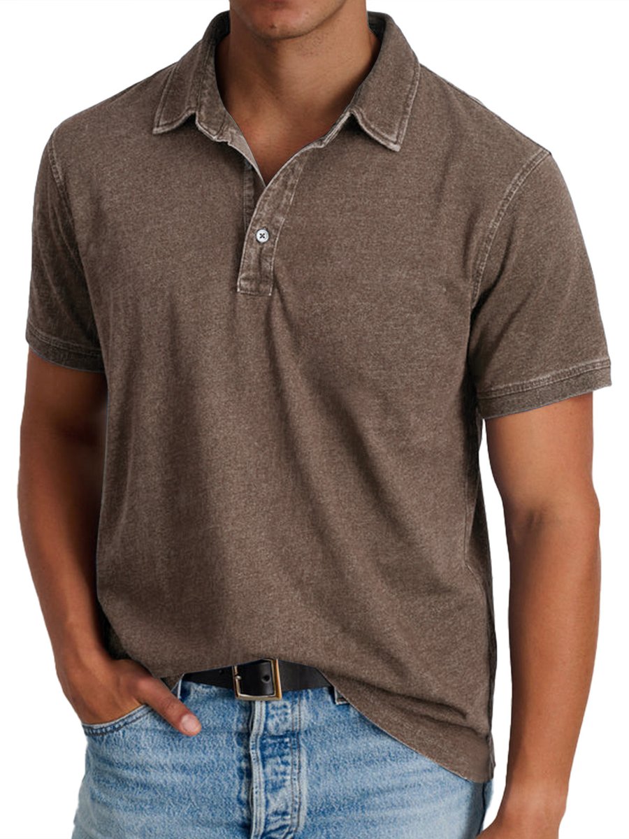Men's Washed Cotton Short-Sleeve Collared Polo Shirt - Brown