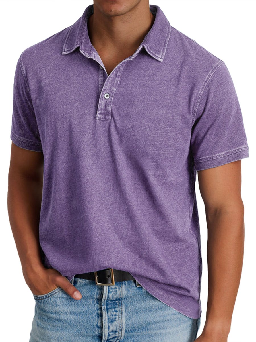 Men's Washed Cotton Short-Sleeve Collared Polo Shirt - Violet