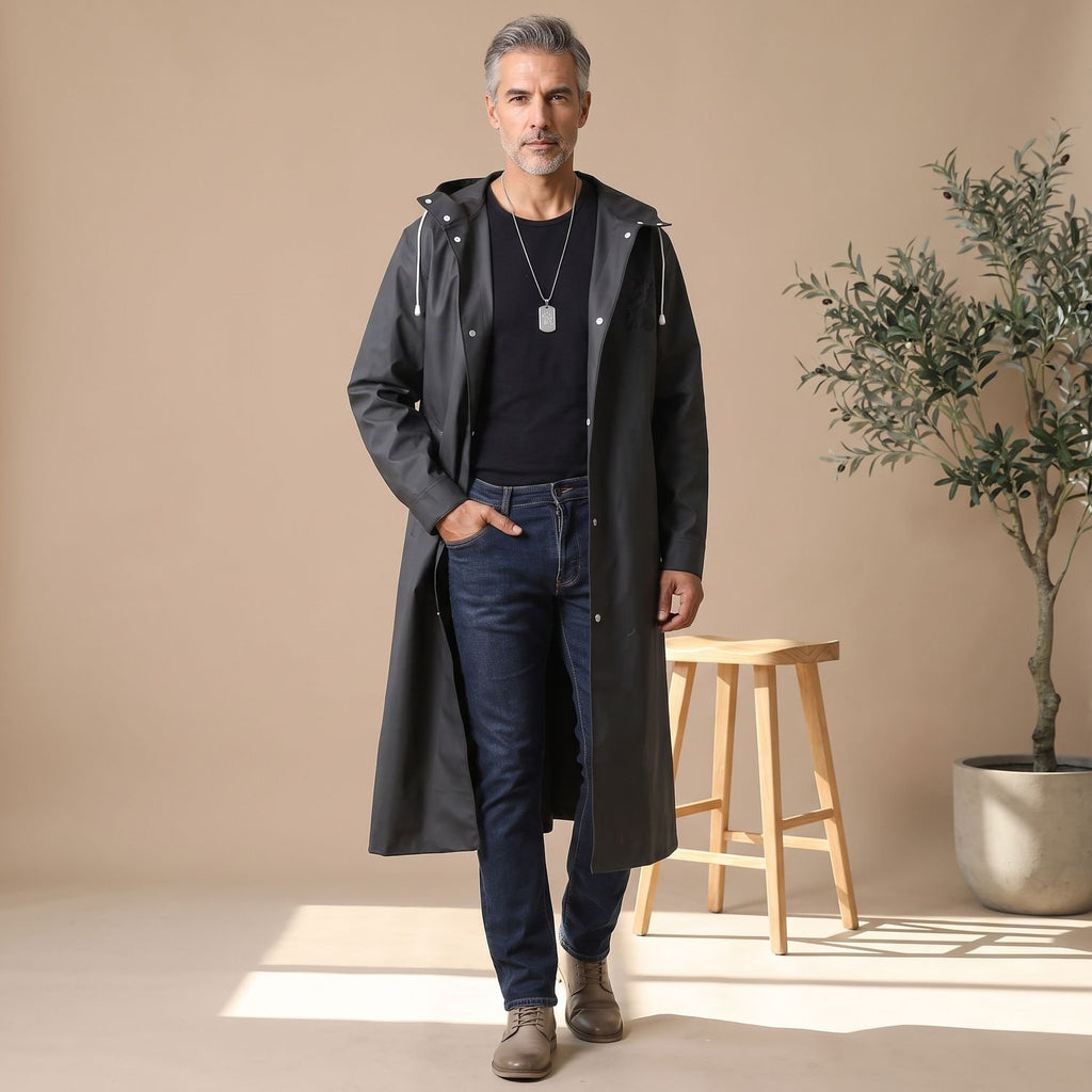 Men's Waterproof Hooded Long Rain Coat Snap-Button Trench