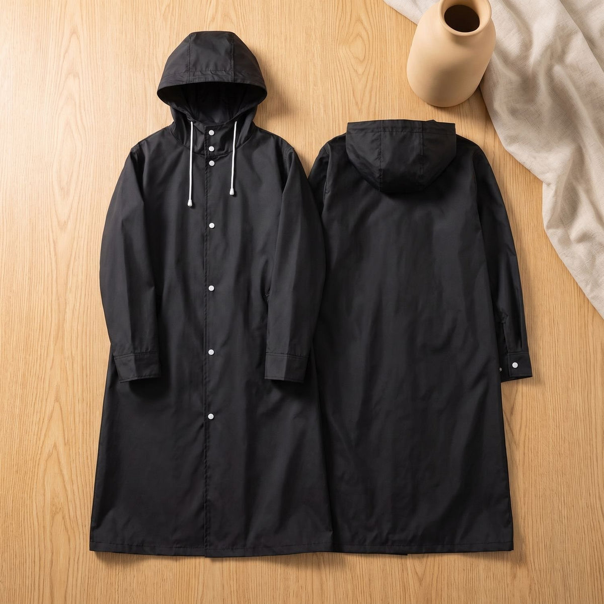 Men's Waterproof Hooded Long Rain Coat Snap-Button Trench