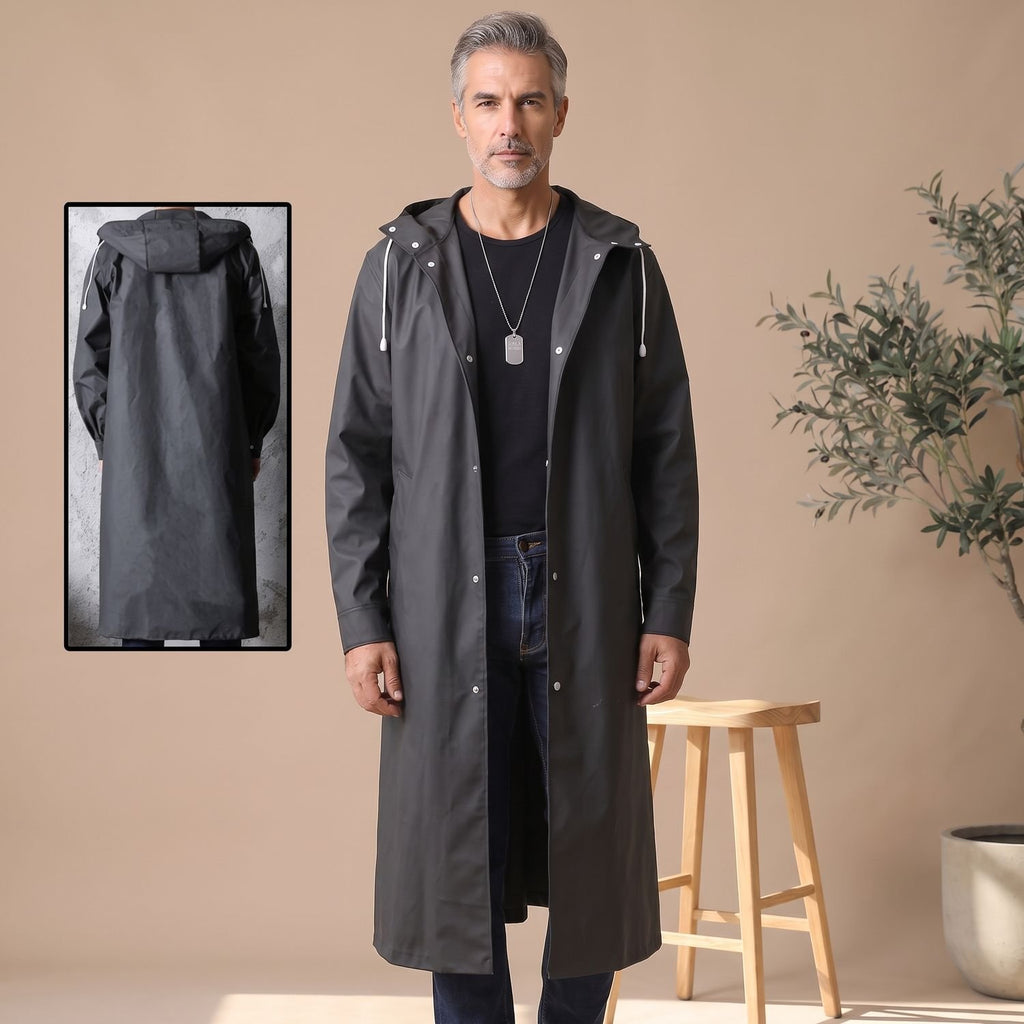 Men's Waterproof Hooded Long Rain Coat Snap-Button Trench