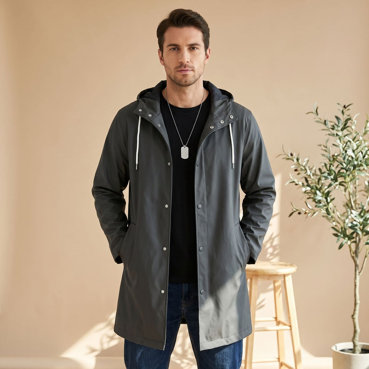 Men's Waterproof Hooded Long Rain Coat Snap-Button Trench