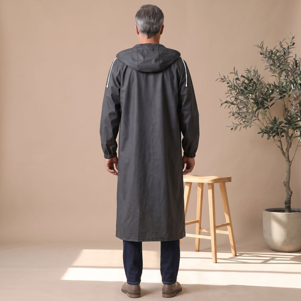 Men's Waterproof Hooded Long Rain Coat Snap-Button Trench