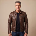 Men's Winter Leather Jacket Band-Collar Zip-Front Moto Style - Brown