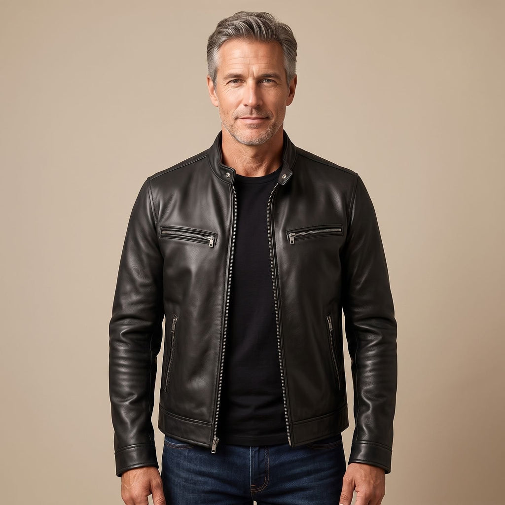 Men's Winter Leather Jacket Band-Collar Zip-Front Moto Style - Black