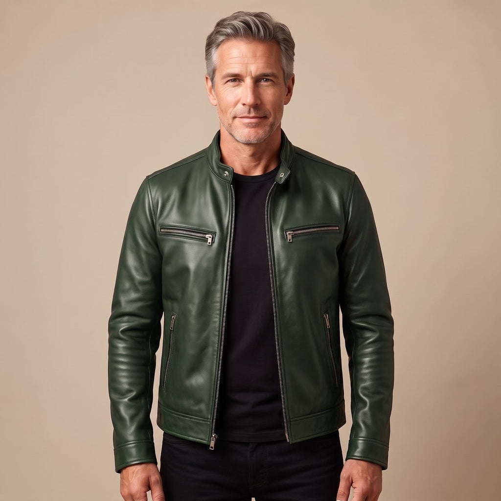 Men's Winter Leather Jacket Band-Collar Zip-Front Moto Style - Green