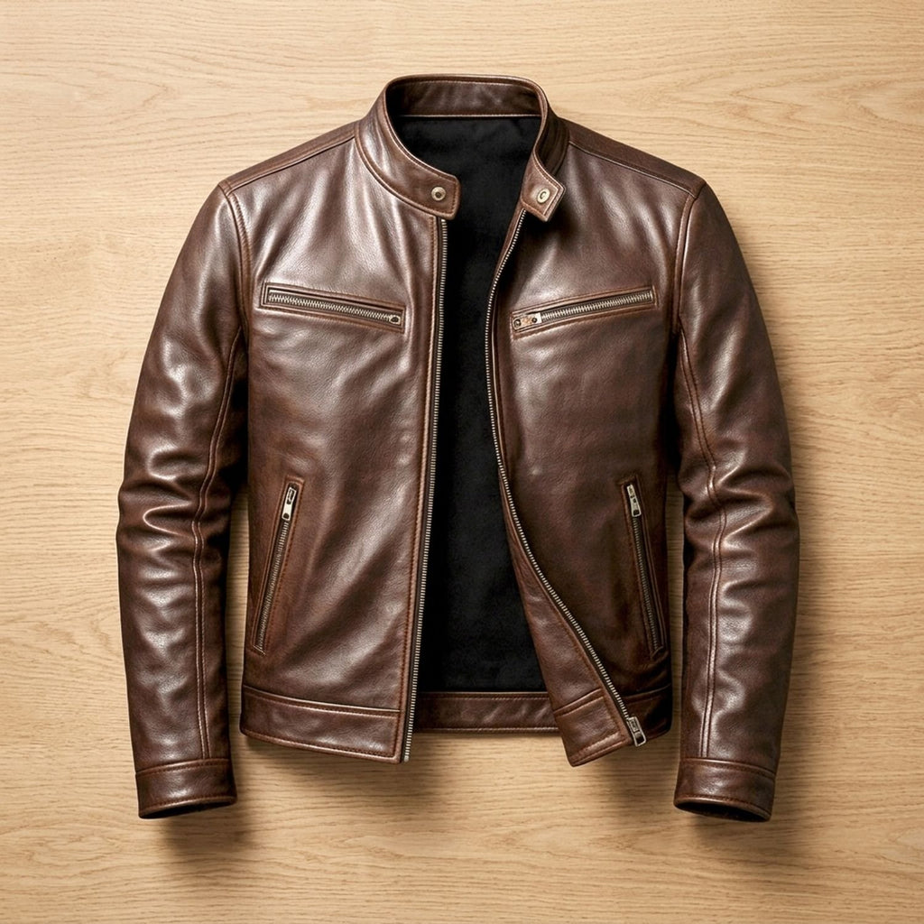 Men's Winter Leather Jacket Band-Collar Zip-Front Moto Style