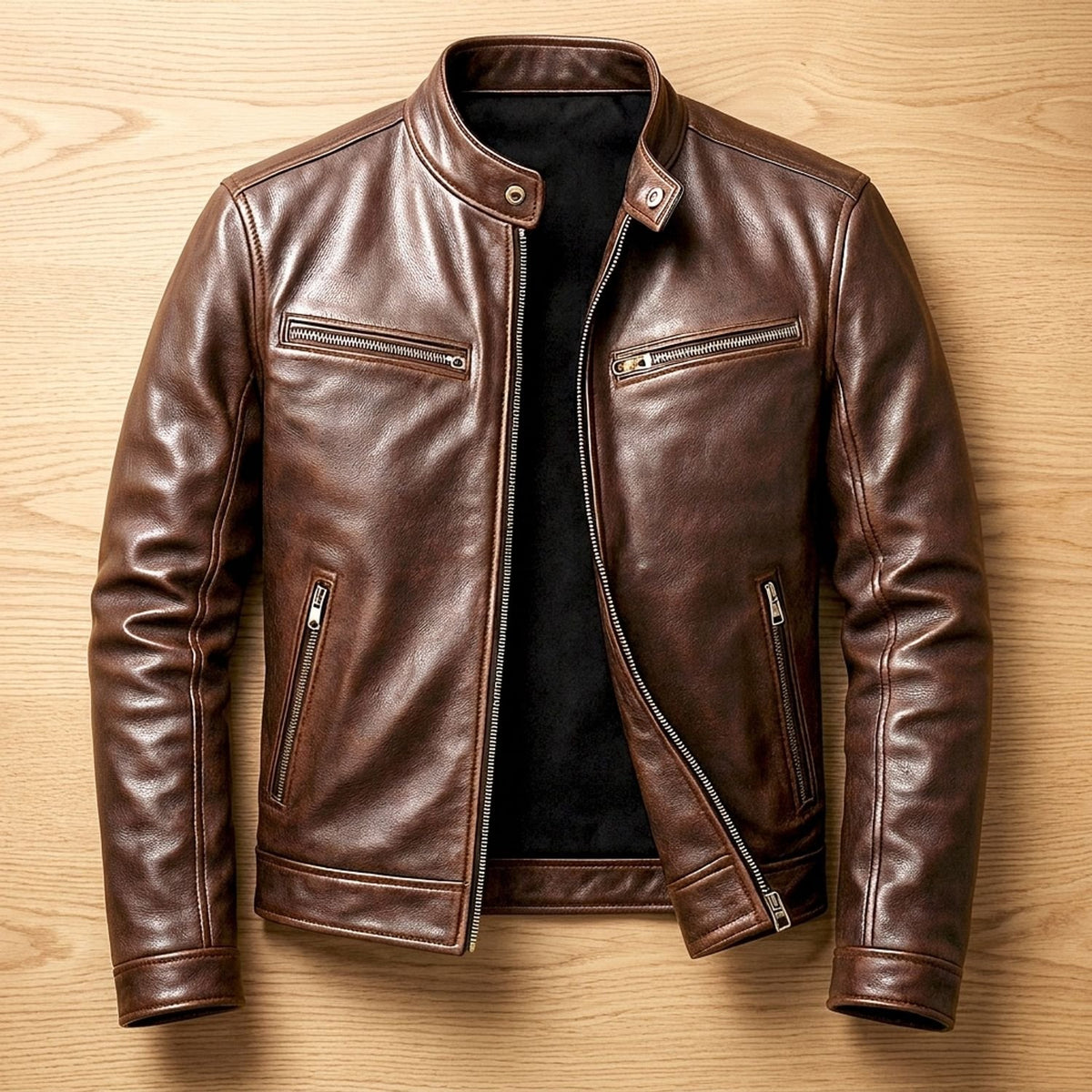 Men's Winter Leather Jacket Band-Collar Zip-Front Moto Style