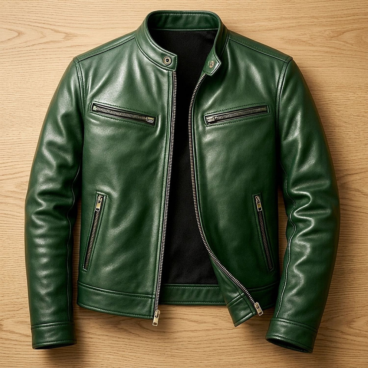 Men's Winter Leather Jacket Band-Collar Zip-Front Moto Style