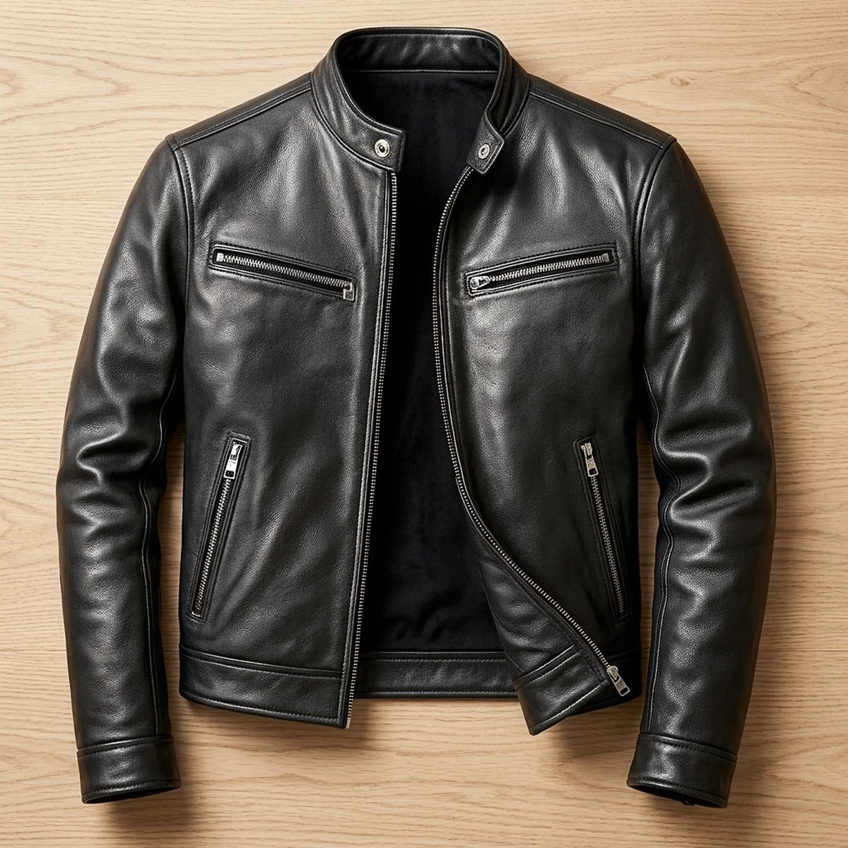 Men's Winter Leather Jacket Band-Collar Zip-Front Moto Style