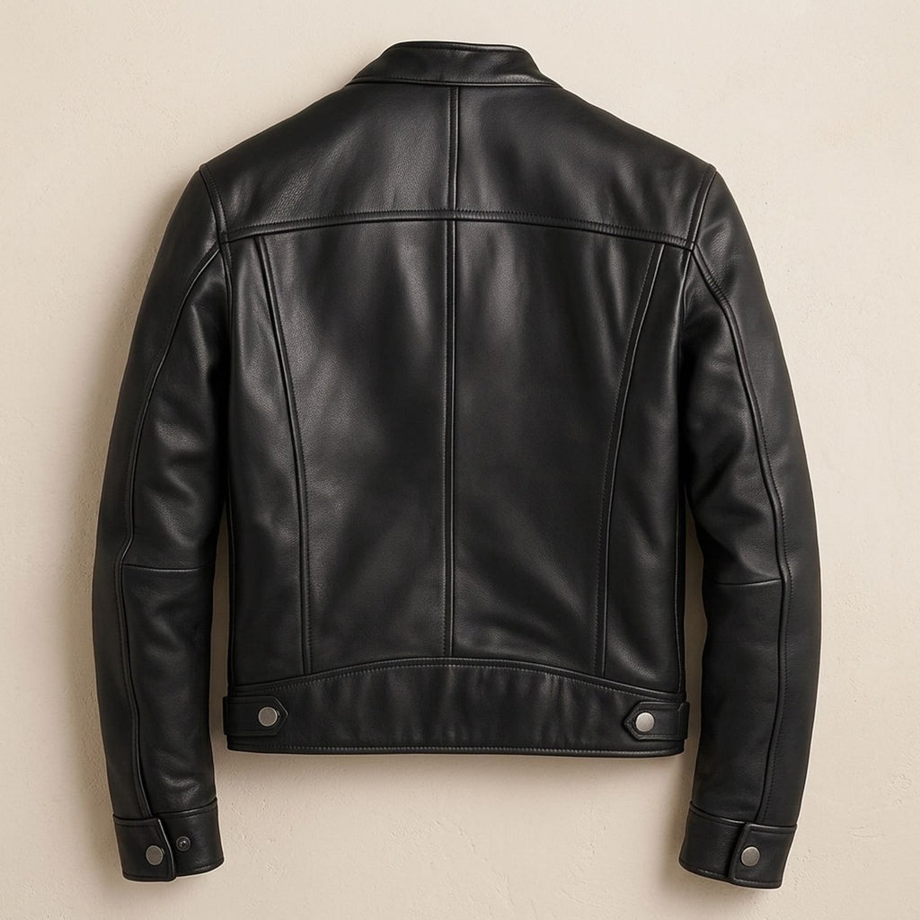 Men's Winter Leather Jacket Band-Collar Zip-Front Moto Style