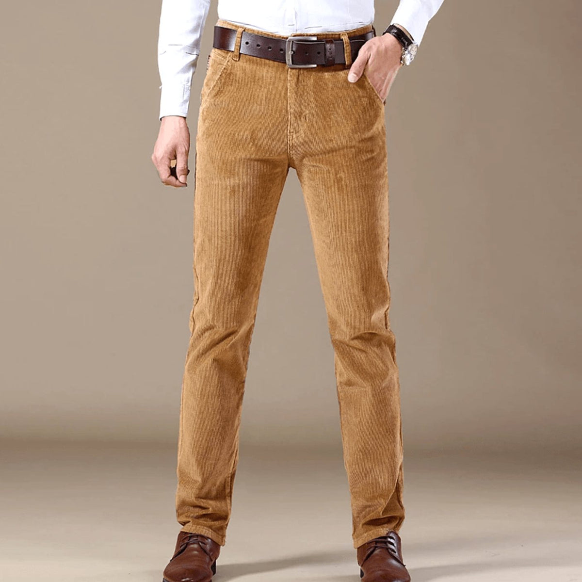 Men's Winter Season Straight-Leg Corduroy Pants - Beige