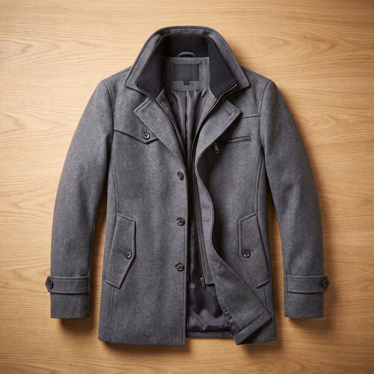 Men's Wool-Blend Single-Breasted Peacoat Winter Coat - Gray