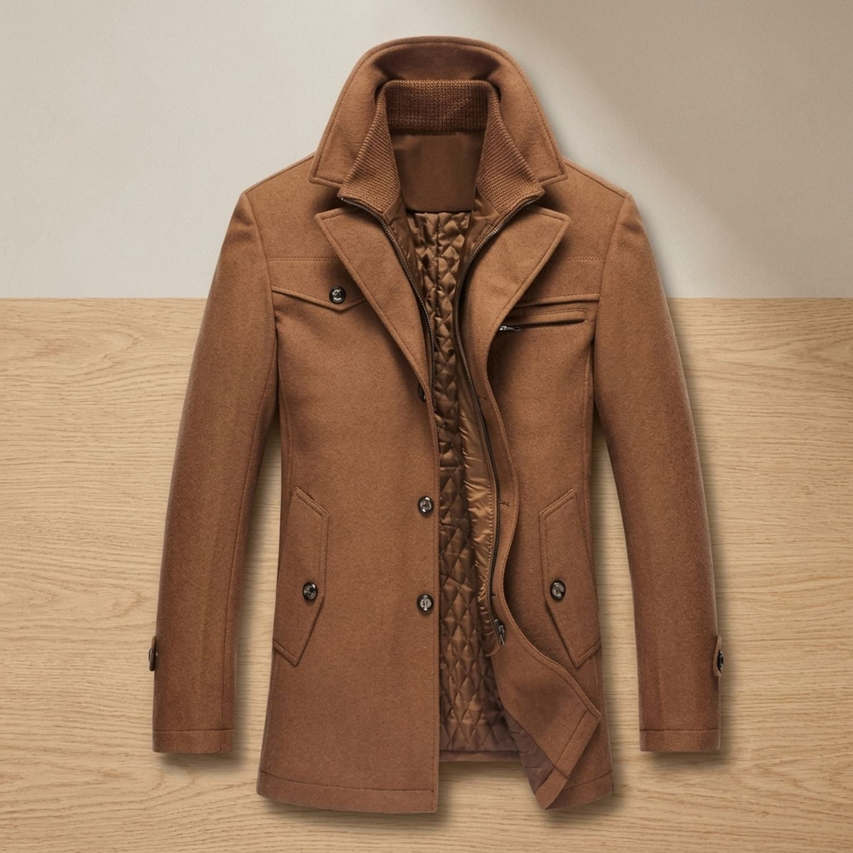 Men's Wool-Blend Single-Breasted Peacoat Winter Coat - Brown