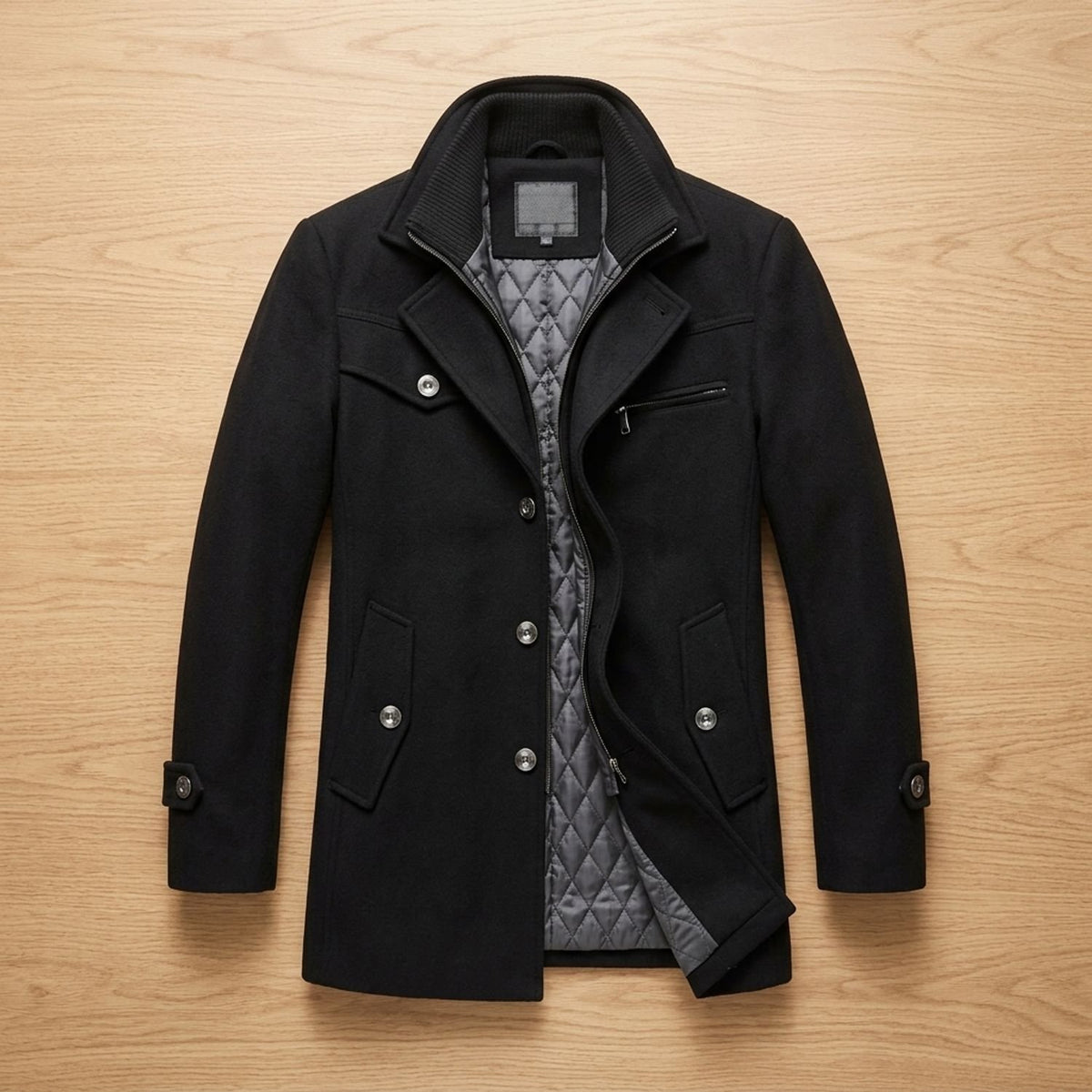 Men's Wool-Blend Single-Breasted Peacoat Winter Coat - Black