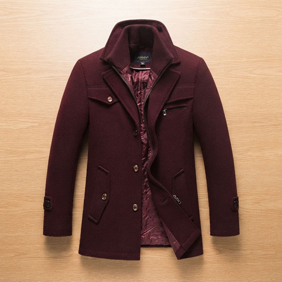 Men's Wool-Blend Single-Breasted Peacoat Winter Coat - Burgundy