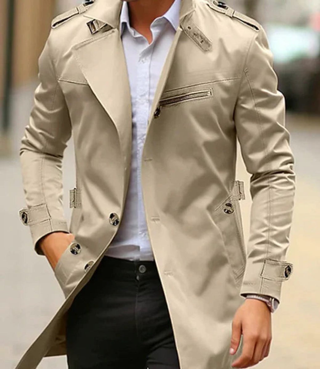 Men's Wool Coat Classic Belted Trench Coat - Light Beige
