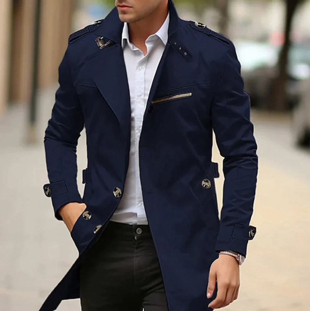 Men's Wool Coat Classic Belted Trench Coat - Dark Blue